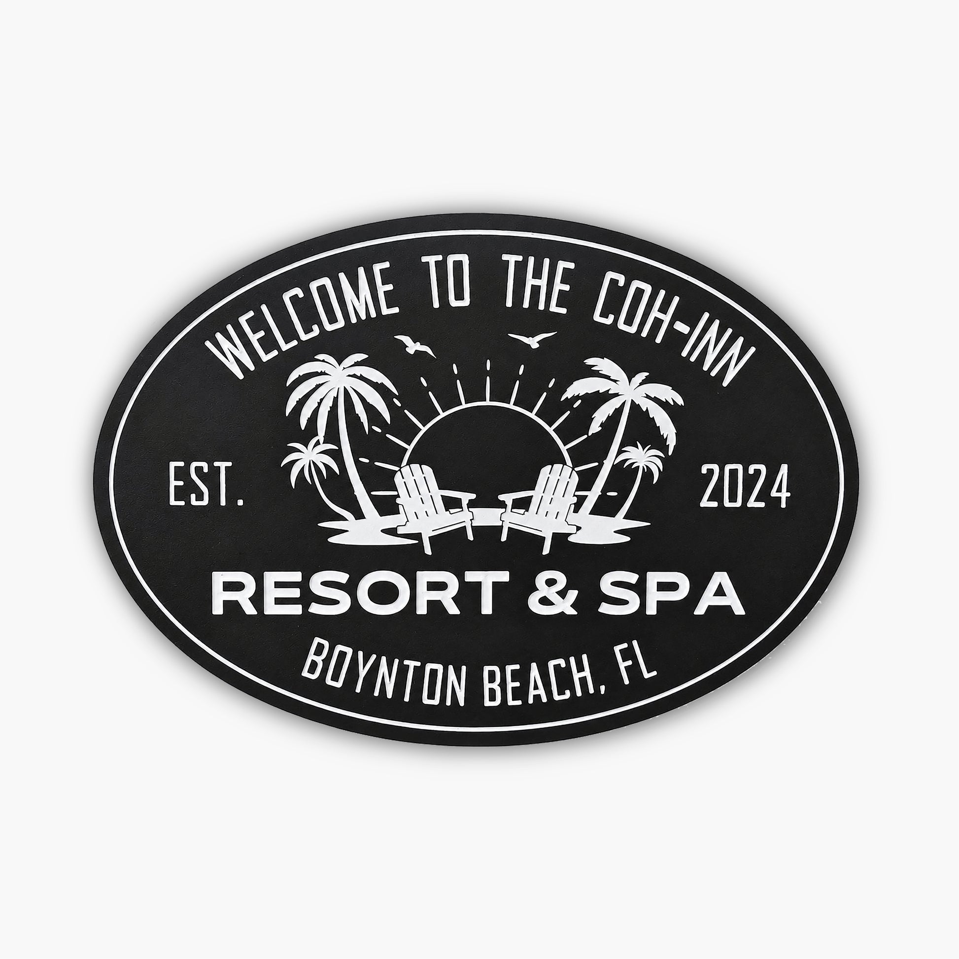 Oval sign reading Welcome to the Coh-Inn, Resort & Spa, Boynton Beach, FL, with established date 2024. The scene resembles an art gallery with a sunset backdrop featuring palm trees, birds, and two chairs against a wooden wall.