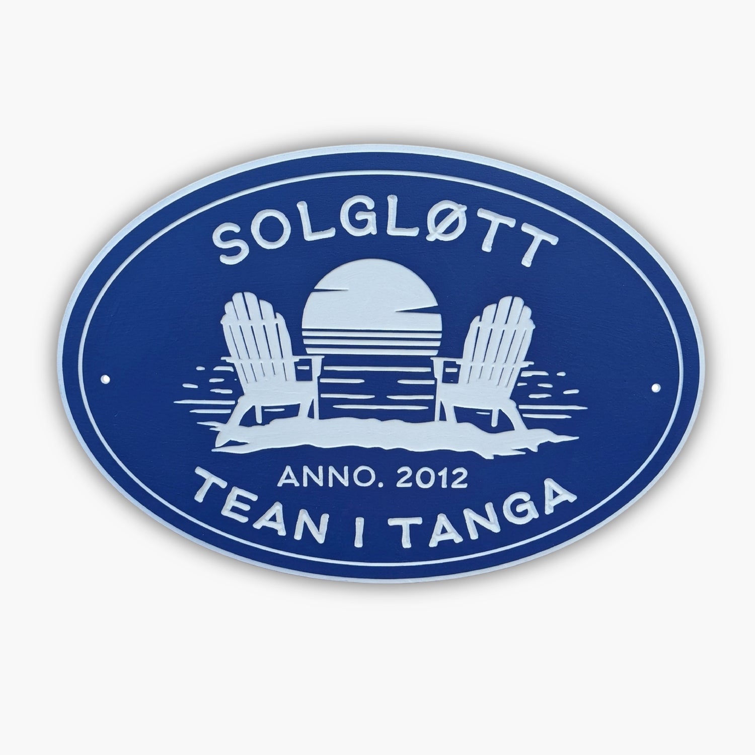A blue oval Personalized Oval Custom Beach House Sign showcases a white illustration of two beach chairs facing a sunset over water, with the text SOLGLØTT, ANNO. 2012, and TEAN I TANGA.