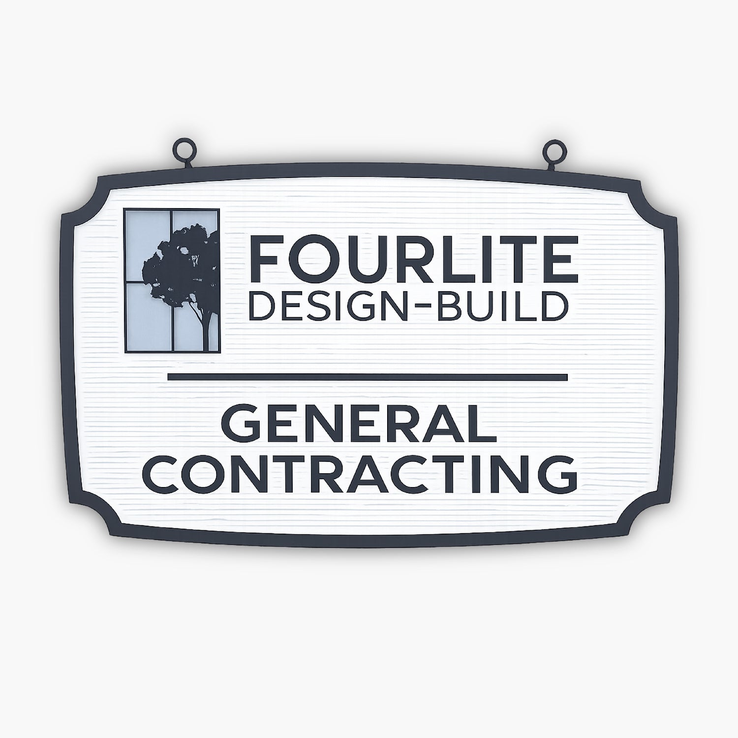 A white sign with a black border features a tree logo and reads: FOURLITE DESIGN-BUILD above a line, with GENERAL CONTRACTING in bold below.