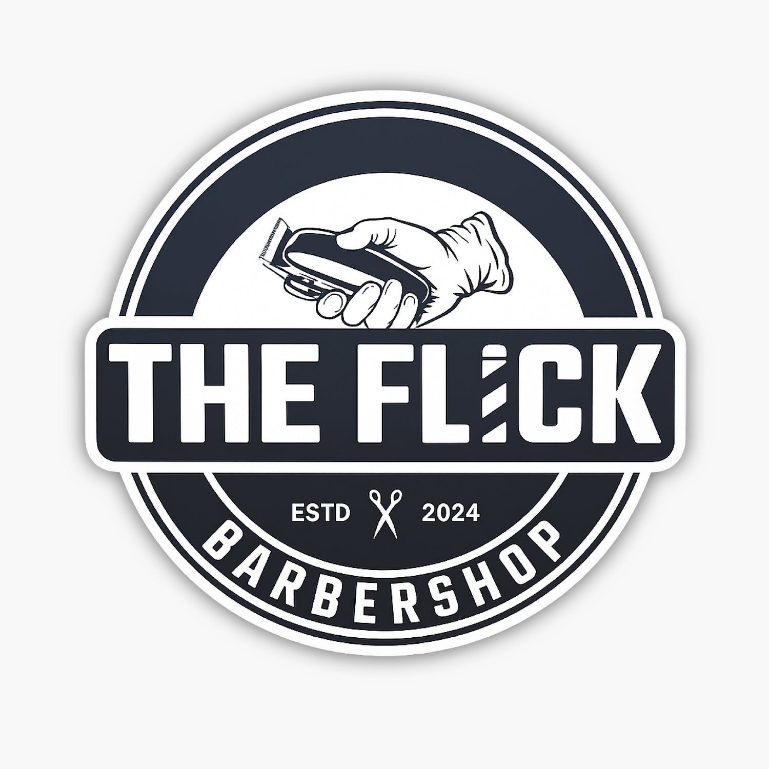 A round black and white barbershop logo with a hand holding hair clippers above the text THE FLICK. Below are ESTD, scissors icon, 2024, and the word BARBERSHOP around the bottom rim.