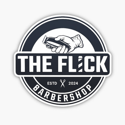 A round black and white barbershop logo with a hand holding hair clippers above the text THE FLICK. Below are ESTD, scissors icon, 2024, and the word BARBERSHOP around the bottom rim.
