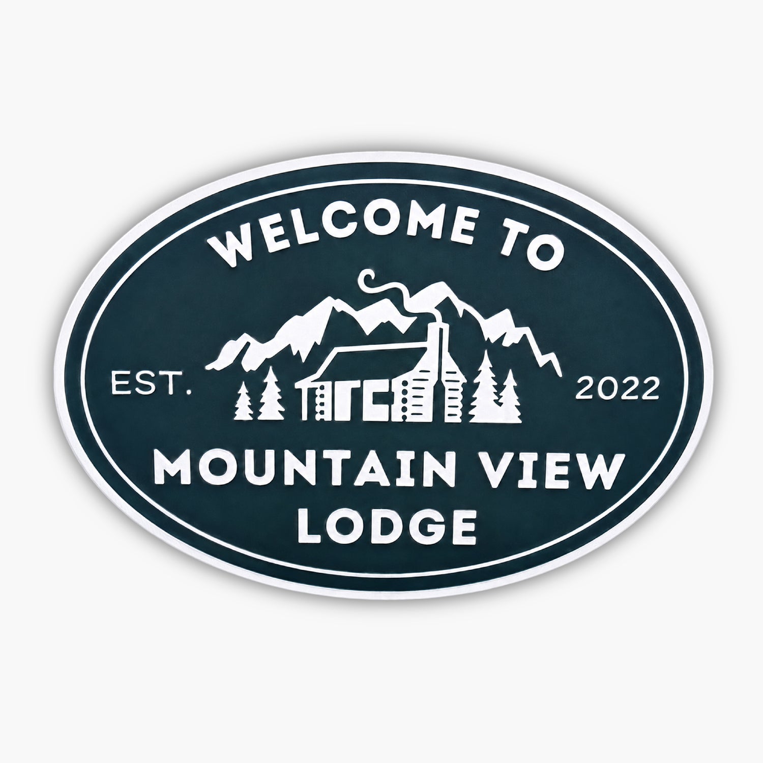 Oval sign reads Welcome to Mountain View Lodge in white, featuring a cabin with a chimney among trees and mountains, echoing the charm of Personalized Oval Custom Beach House Signs Coastal Decor. Established in 2022.