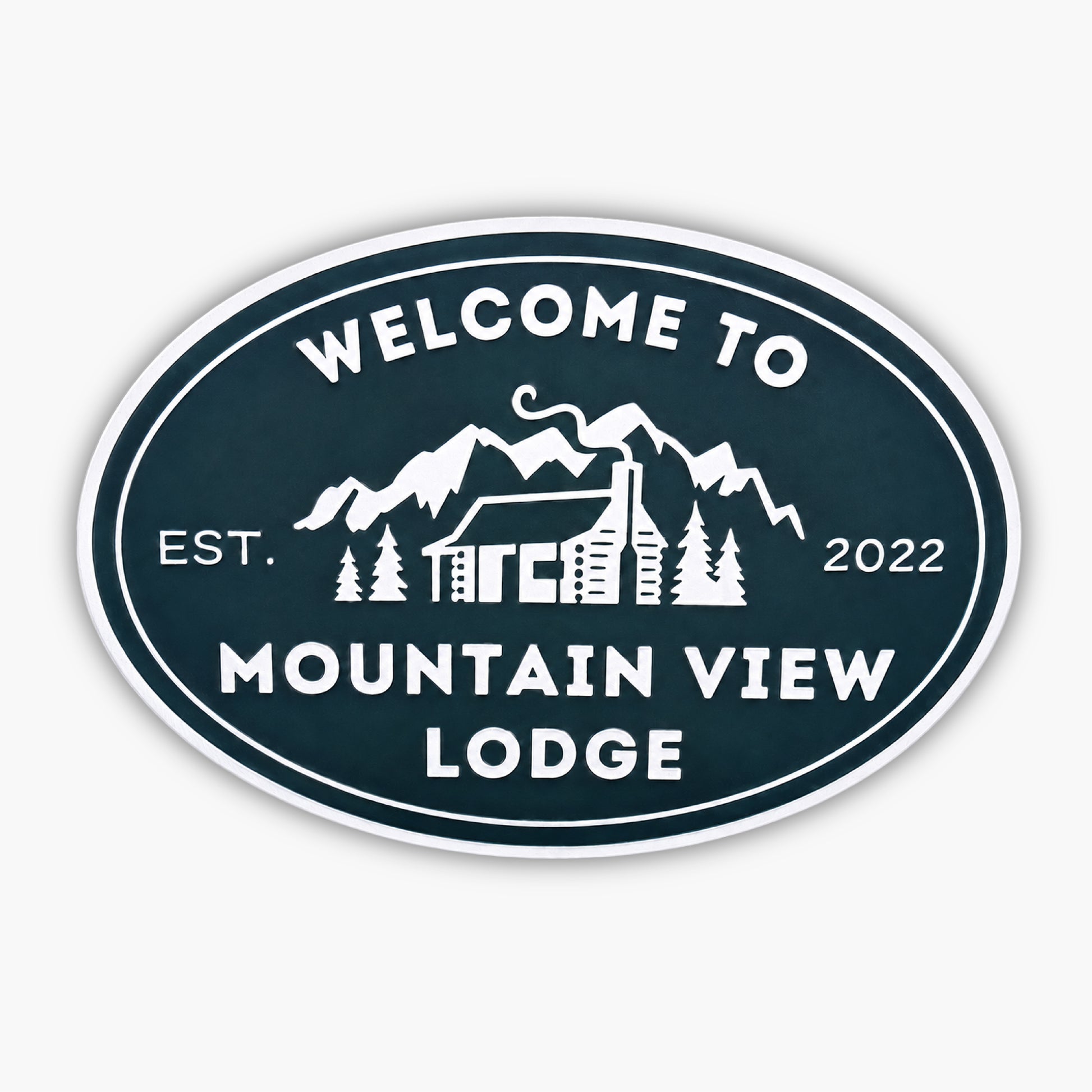 Oval sign reads Welcome to Mountain View Lodge in white, featuring a cabin with a chimney among trees and mountains, echoing the charm of Personalized Oval Custom Beach House Signs Coastal Decor. Established in 2022.