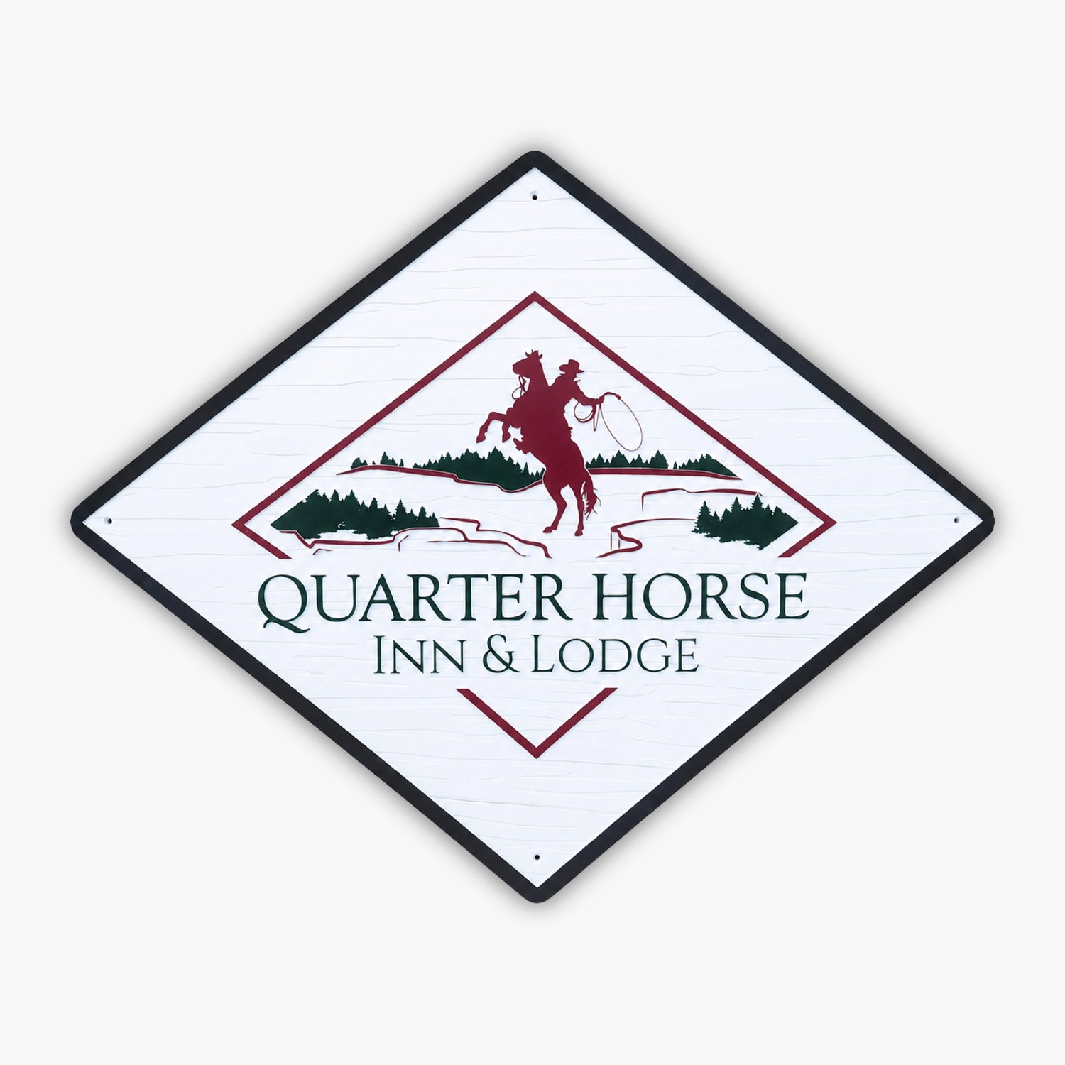 Custom Ranch & Farm Sign in a diamond shape for Quarter Horse Inn & Lodge, showcasing a silhouette of a lasso-wielding rider on a rearing horse with trees and hills in the background.