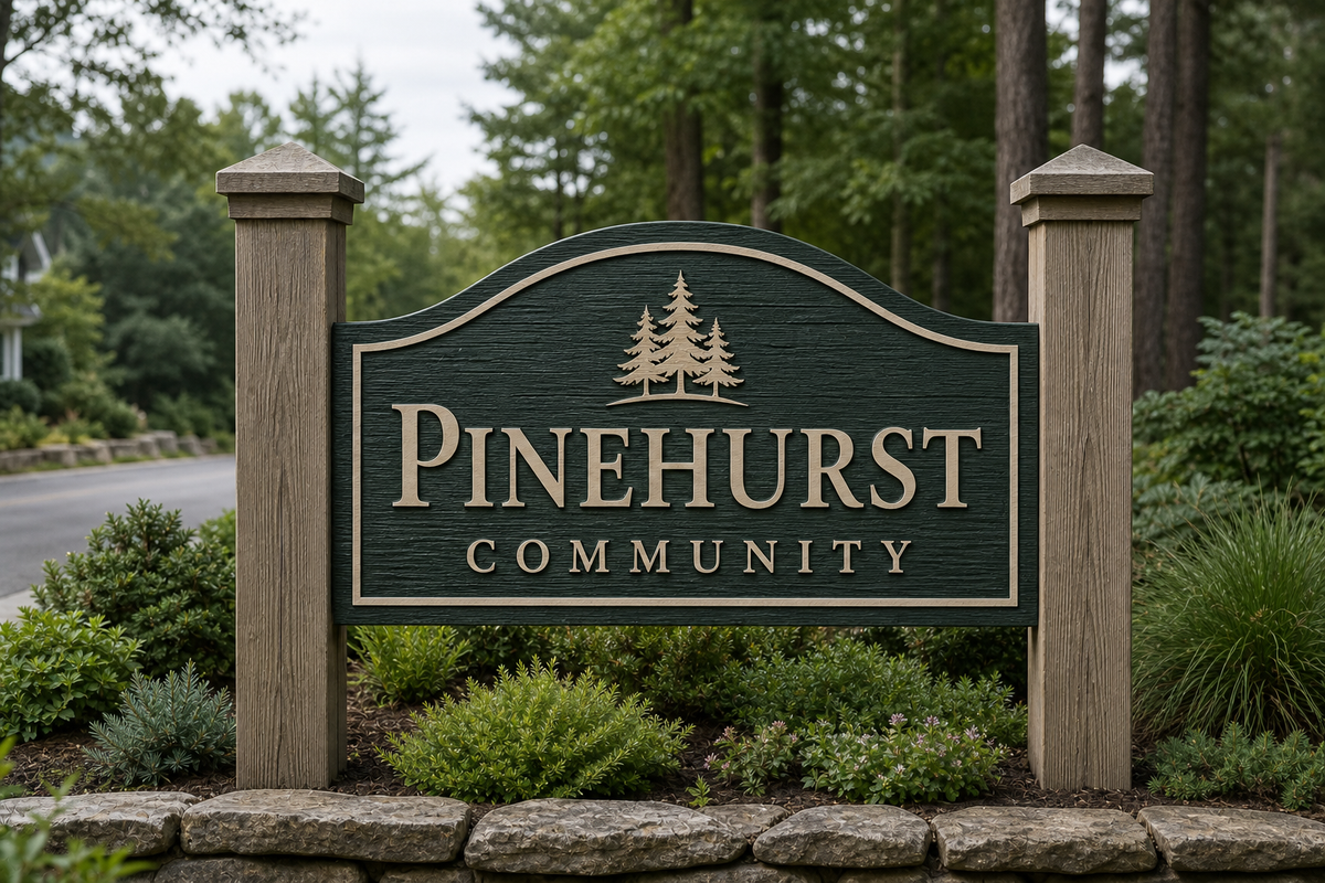 Textured forest-green Pinehurst community entrance sign with concealed slot-mounted posts.