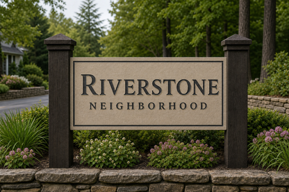 Rectangular sandstone-textured Riverstone community entrance sign with concealed slot-mounted posts.