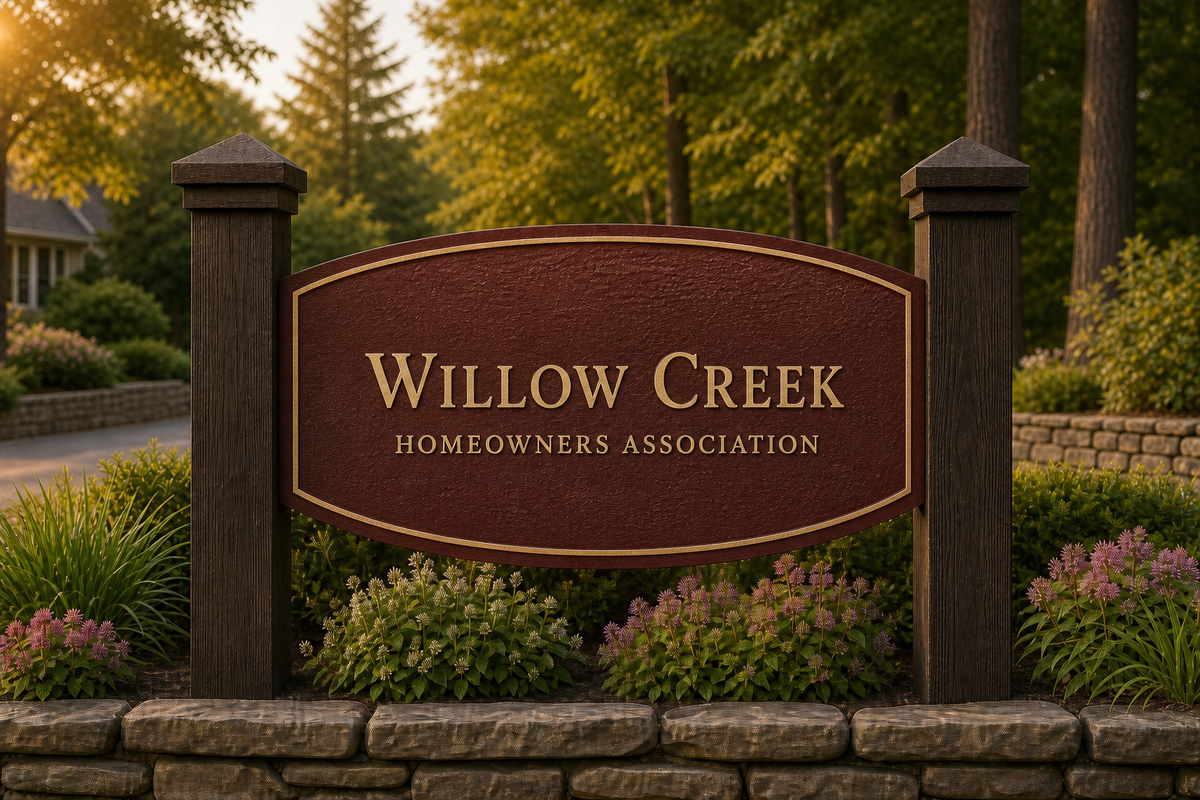 Burgundy textured Willow Creek community entrance sign with centered lettering and concealed slot-mounted posts.