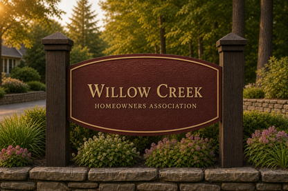 Burgundy textured Willow Creek community entrance sign with centered lettering and concealed slot-mounted posts.