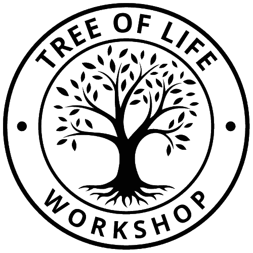 A circular logo with a stylized black tree at the center, its roots and branches spread wide. The words TREE OF LIFE appear at the top and WORKSHOP at the bottom, encircling the tree.